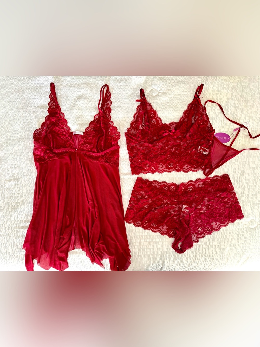Red Lace Bralette & Satin Chemise Set - Women Intimates New